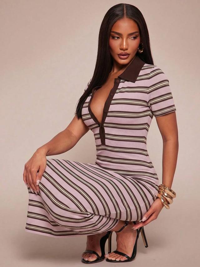 brown striped polo collar fitted mid-length dress
