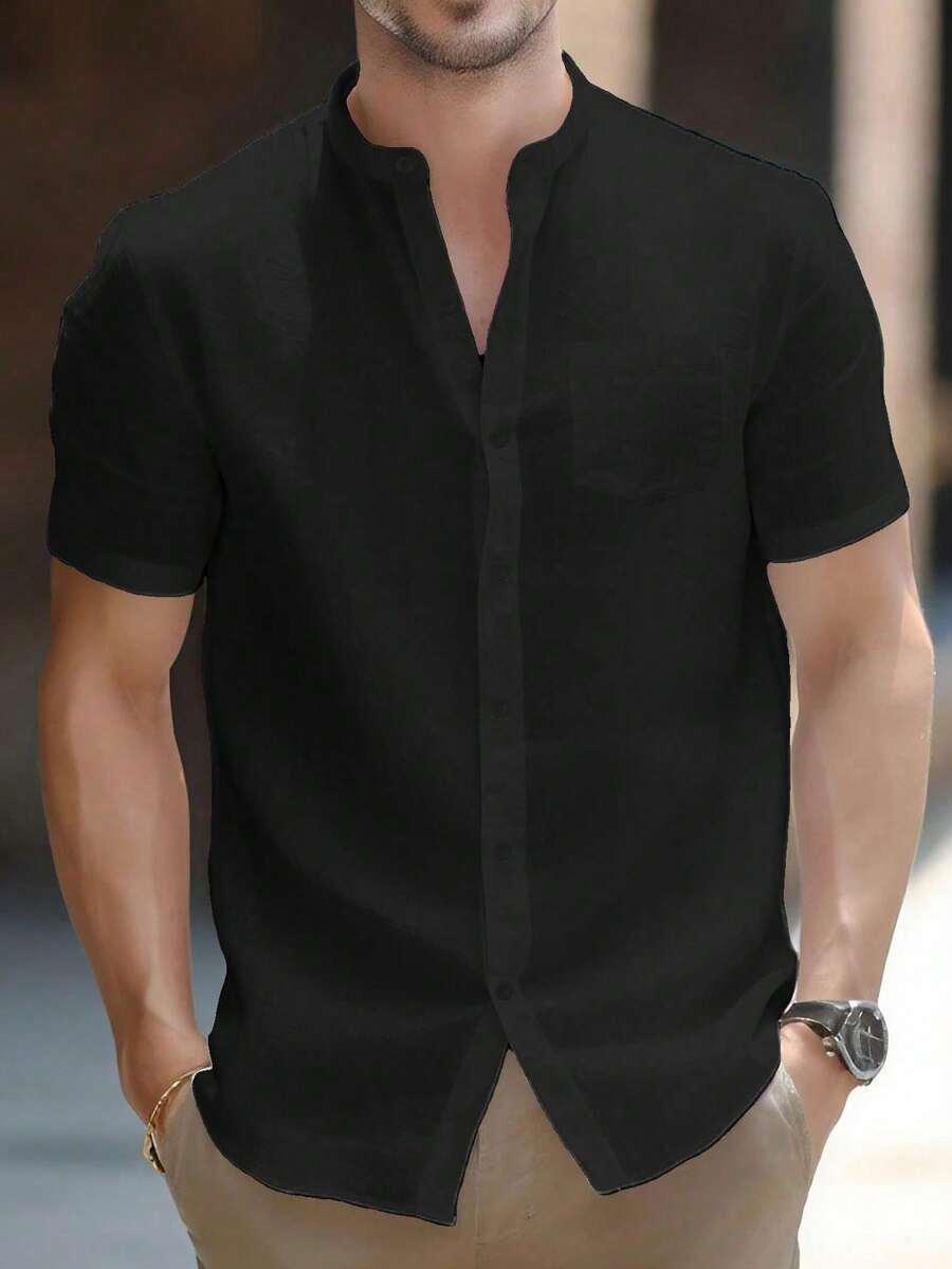 men's black short sleeve mandarin collar linen shirt