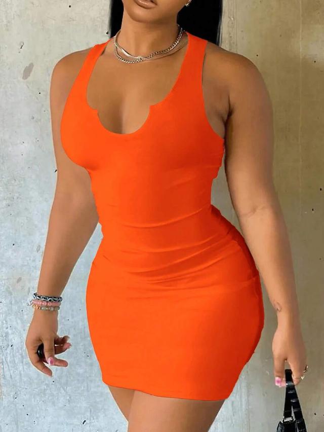bright orange sleeveless bodycon mini dress