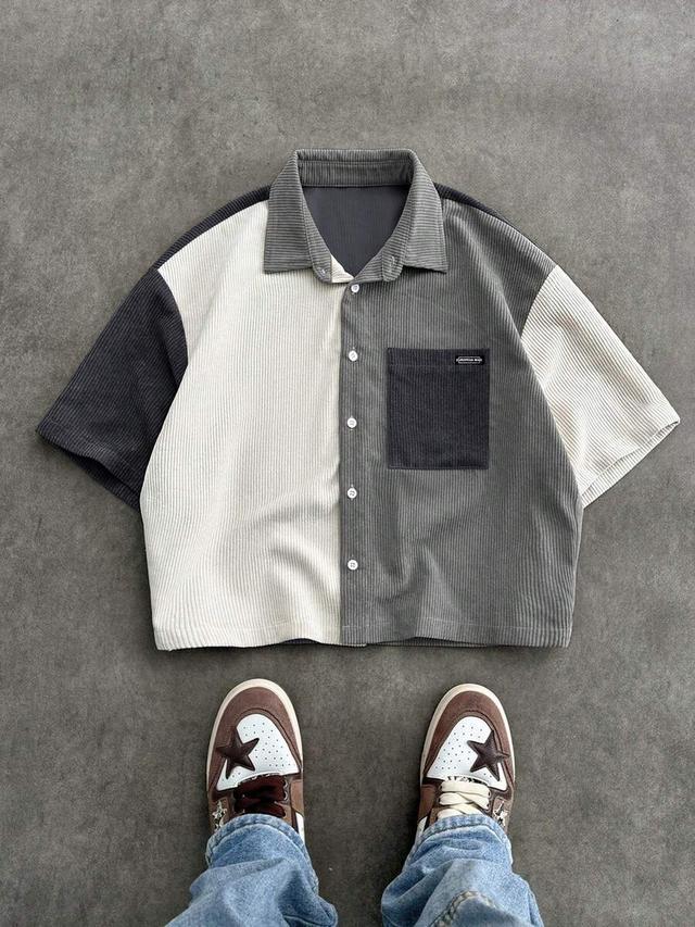 patchwork corduroy short sleeve button up shirt
