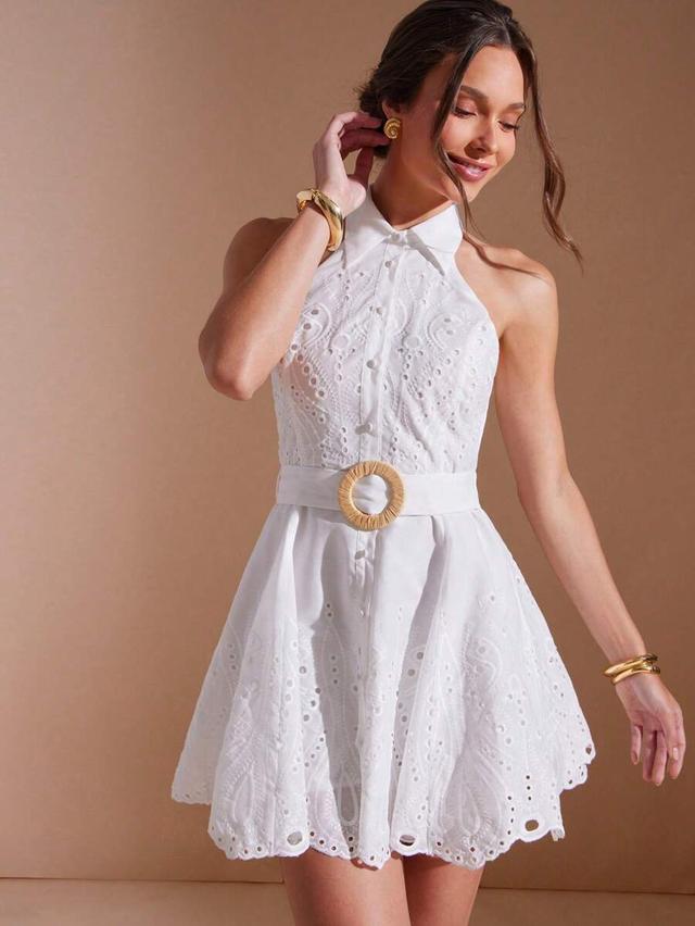 white eyelet embroidered button down belted mini sundress