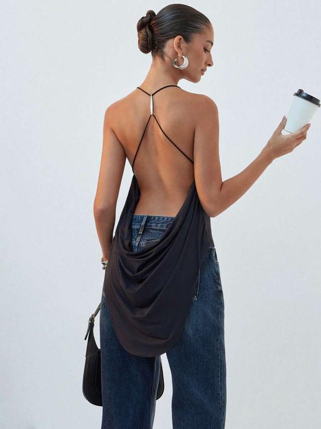 hauture backless halter top with silver line trim