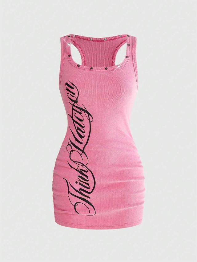 pink ribbed star rivet bodycon mini dress