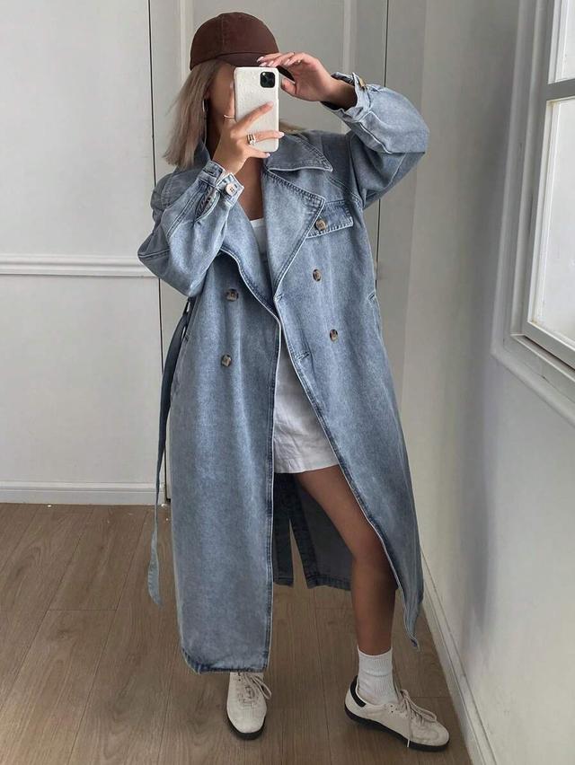 washed denim double-breasted long jacket