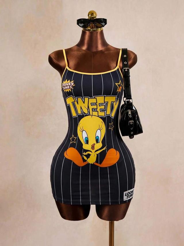 tweety bird graphic print pinstripe mini dress