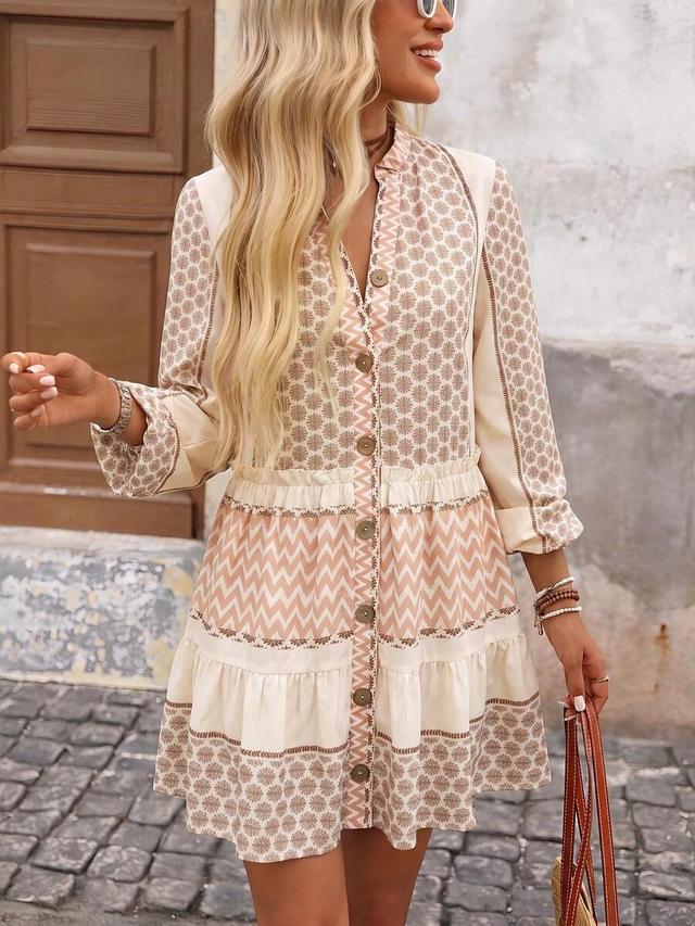 brillora women's all-over print single-breasted colorblock casual boho dress