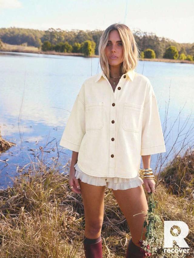 cream cotton twill oversized button-up shirt