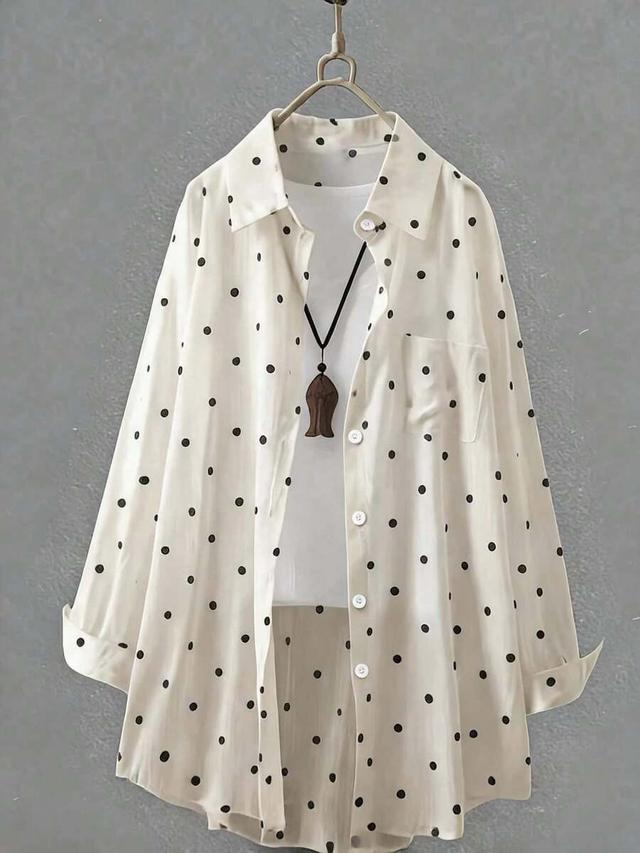 women's white polka dot long collared shirt