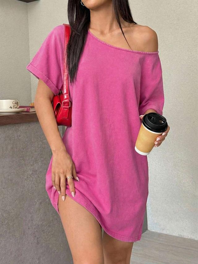 hot pink washed cotton off-shoulder t-shirt dress