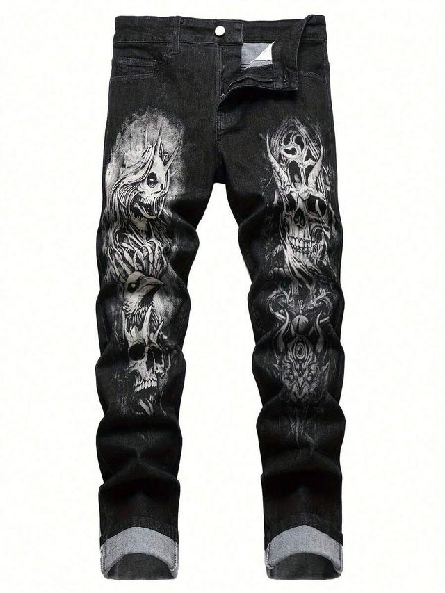 men's black slim fit skull print denim jeans