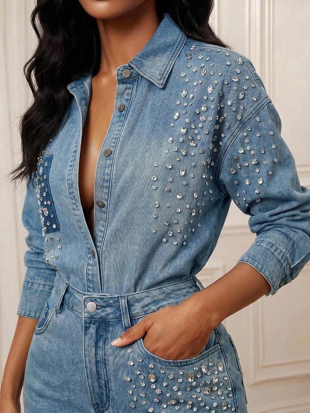 heavily embellished diamond denim shirt in blue