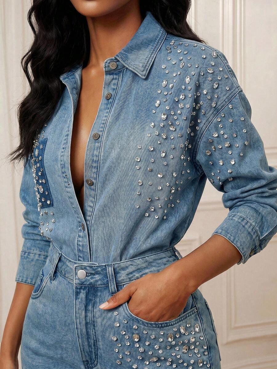 heavily embellished diamond denim shirt in blue