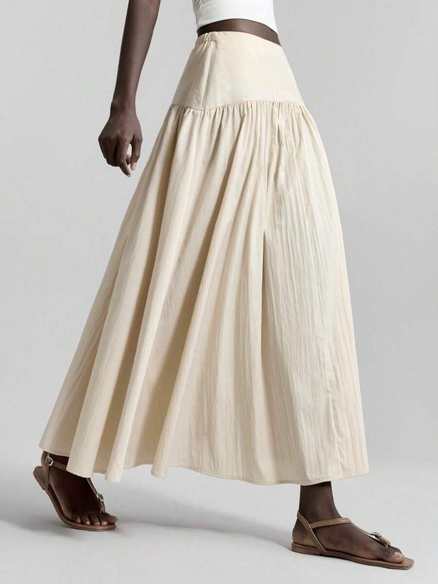beige solid color pleated lightweight vacation long skirt