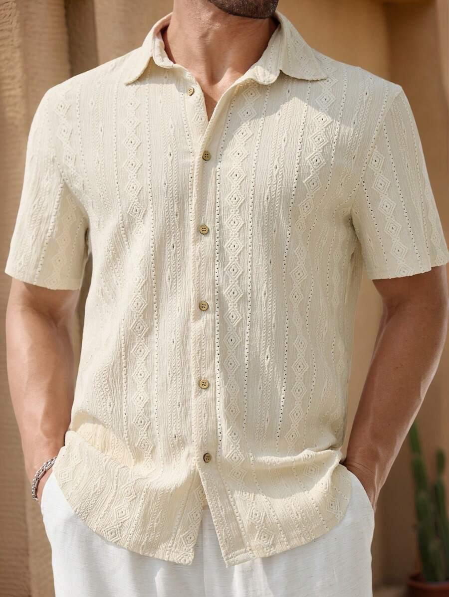 cream jacquard knit short sleeve casual shirt