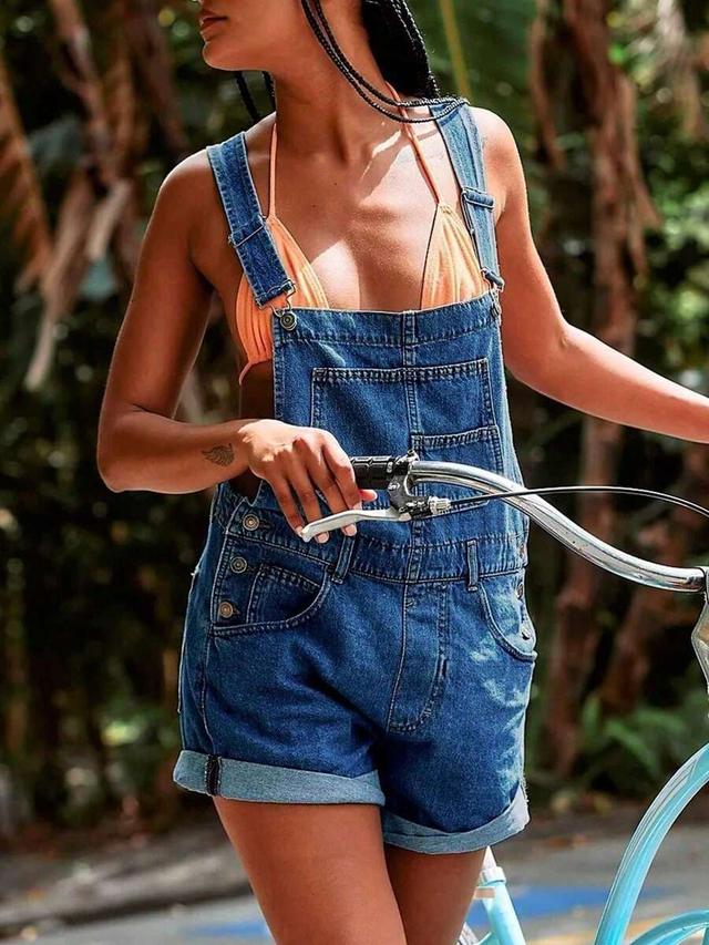 denim shorts overalls with cuffed hem