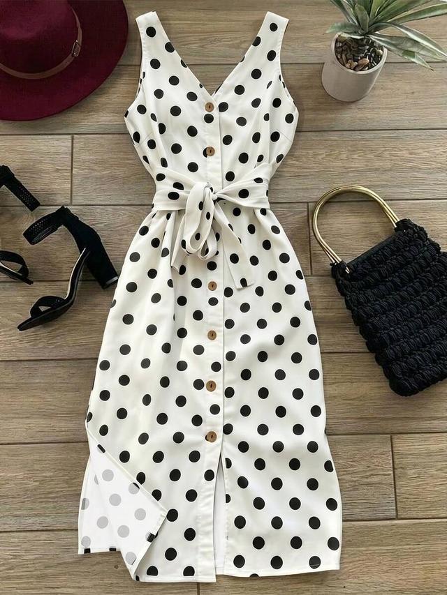 polka dot print v-neck waist-defining midi dress