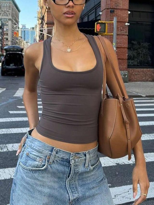 women's casual solid color fitted crop tank top