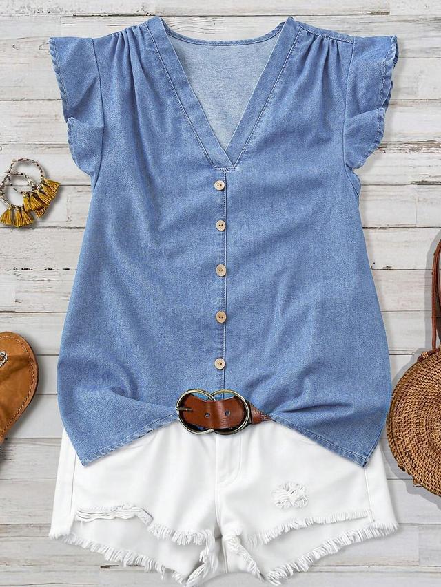 light blue chambray v-neck button-down blouse
