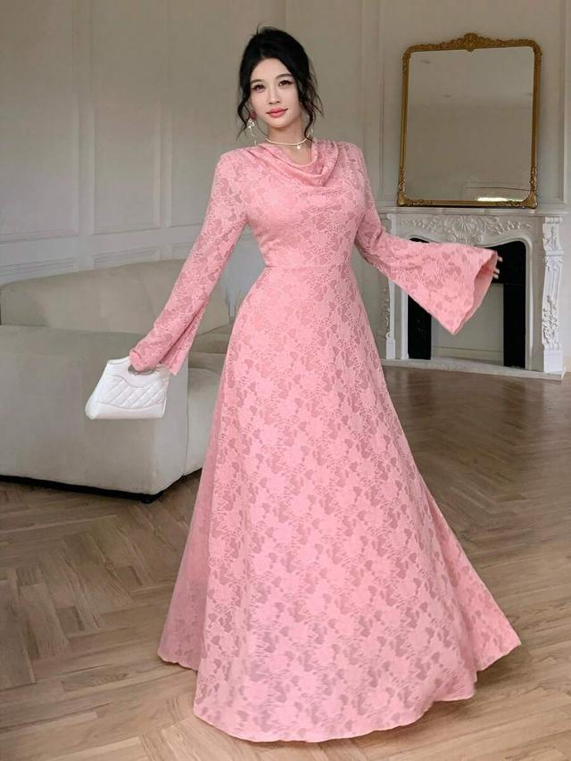 pink floral textured cowl neck flare sleeve midi dress