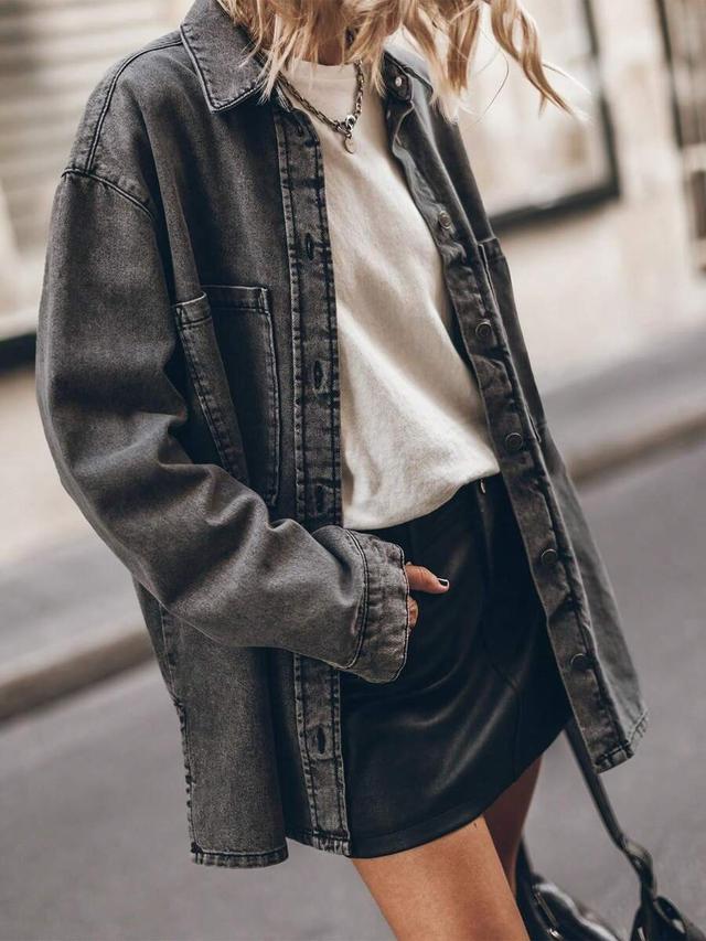 oversized washed black denim button up jacket