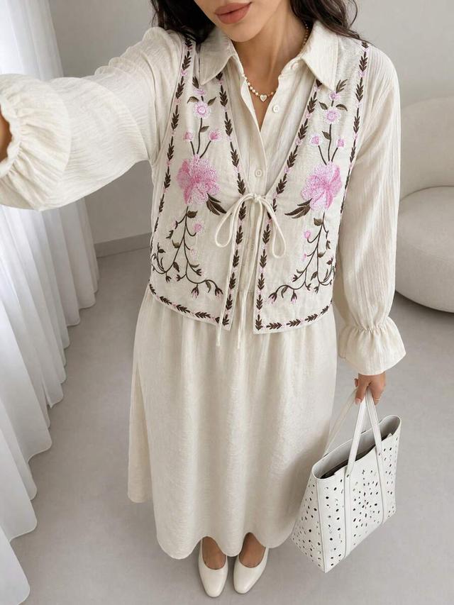 embroidered tie vest and textured button dress set