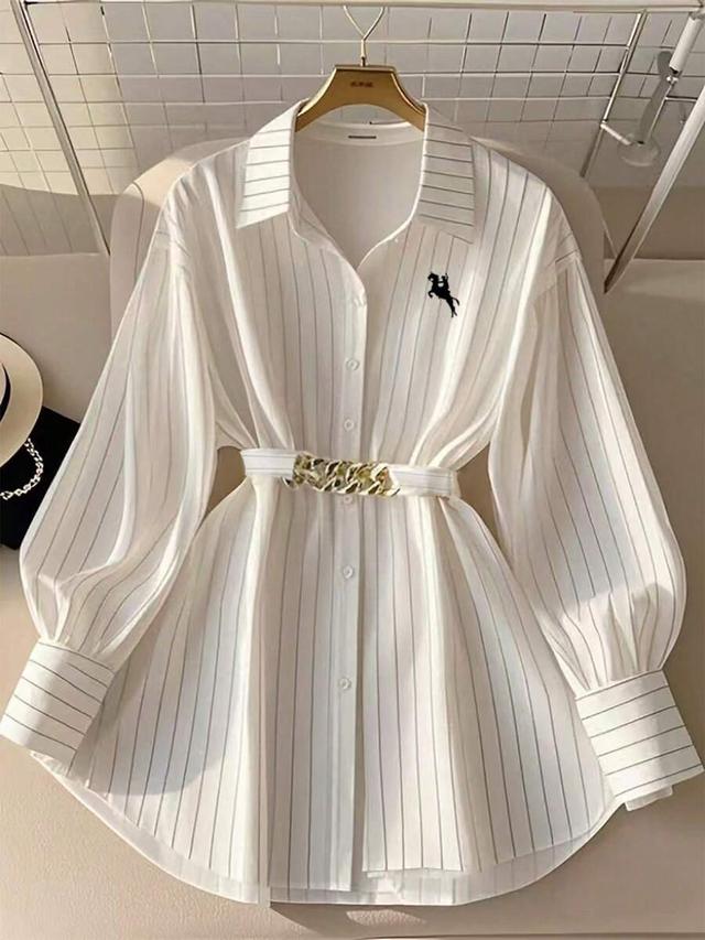 vertical striped collared shirt with waist belt