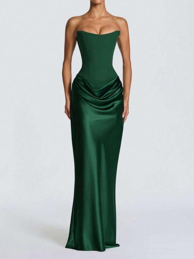 emerald green strapless corset satin evening gown