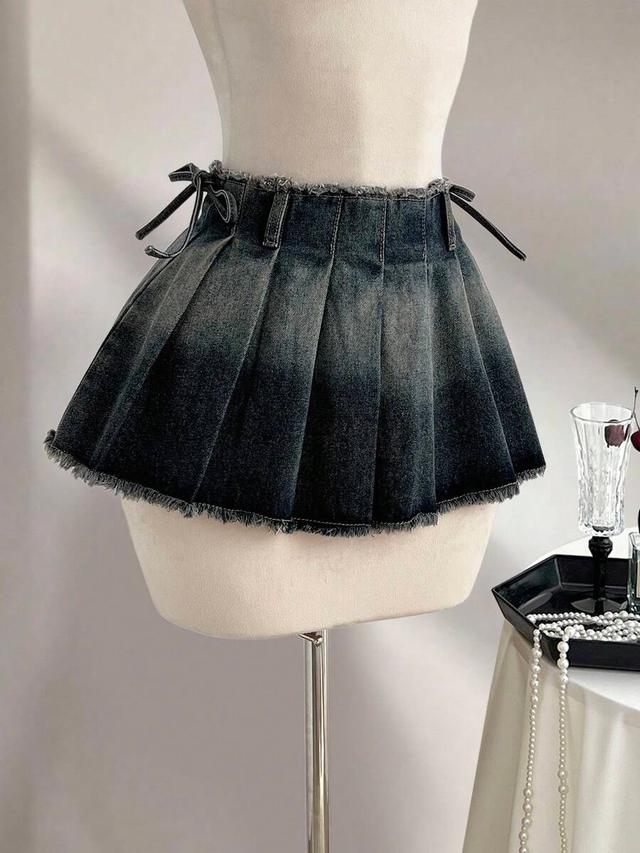 distressed denim pleated mini skirt with side ties