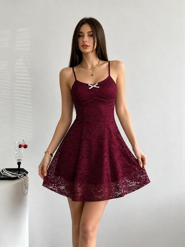 elegant burgundy lace spaghetti strap mini dress