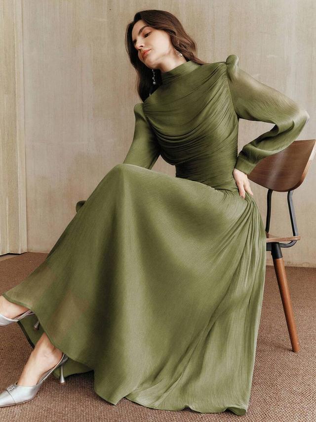 elegant olive green ruched collar long sleeve dress