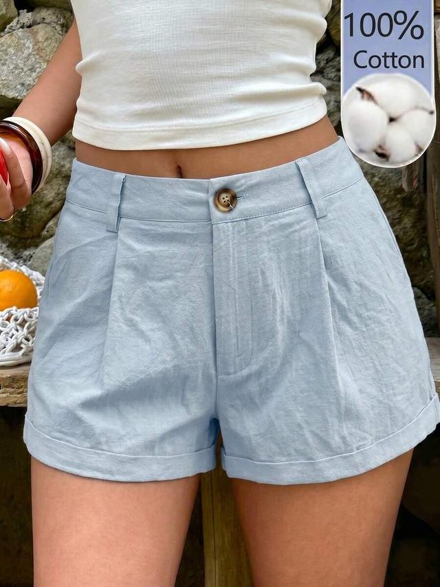 allurite cuffed hem solid color pleated baby blue shorts