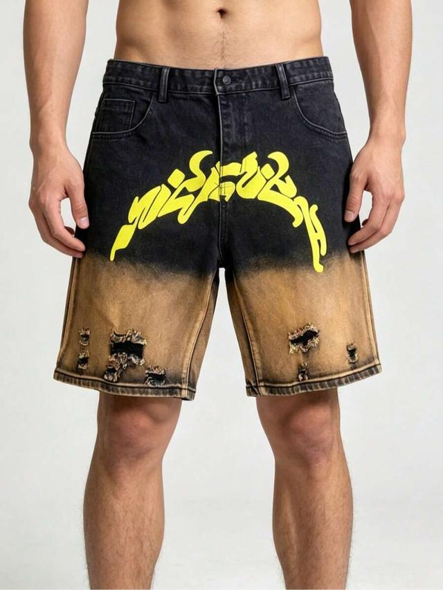 gradient washed denim shorts with yellow embroidery