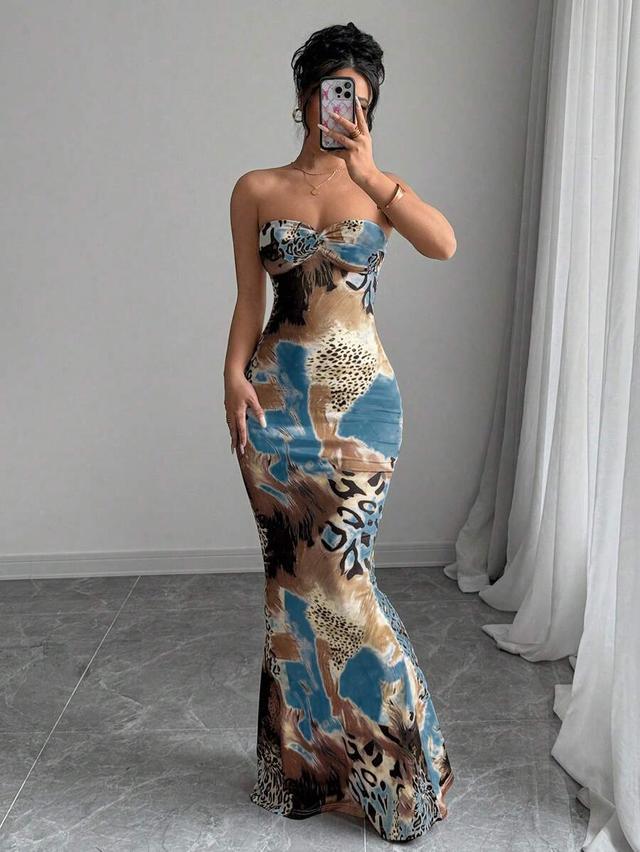 strapless animal print bodycon maxi dress