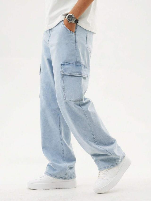 men's casual light wash loose fit cargo jeans