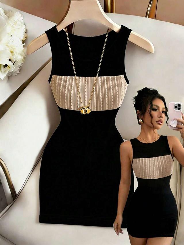 black and beige colorblock sleeveless mini dress
