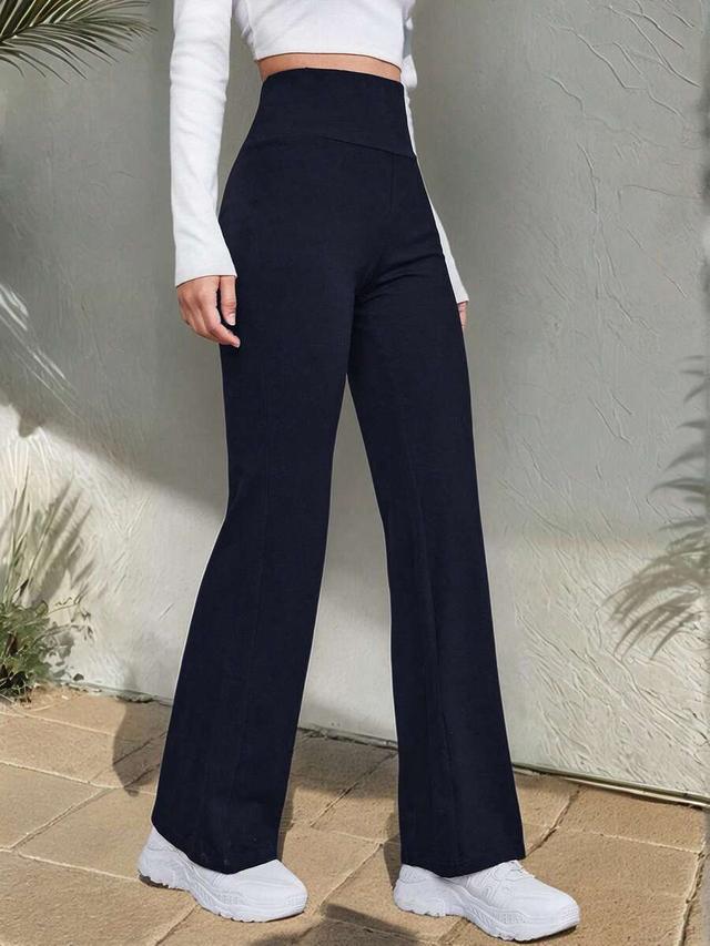navy blue high waist rib-knit flare leg pants