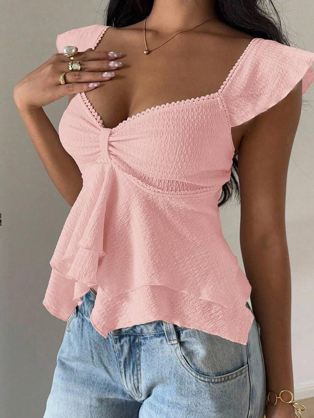 pink textured knit sweetheart neck ruffle hem top