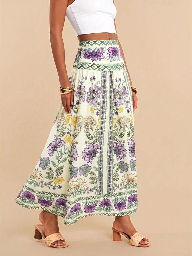 purple floral boho woven vacation midi skirt