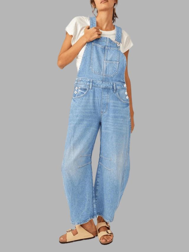 women's light wash denim barrel leg utility overalls