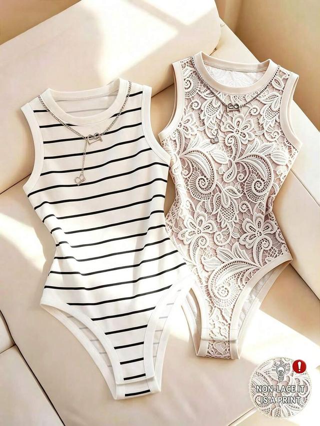 striped slim fit round neck striped sleeveless bodysuit