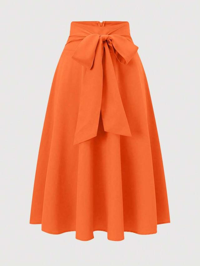 orange solid color midi skirt with waist tie