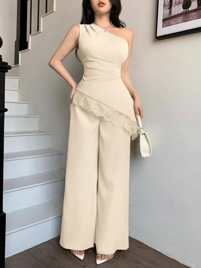 apricot one-shoulder sleeveless top and wide-leg pants set