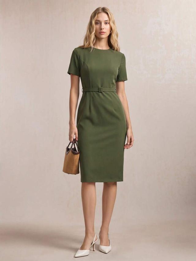 olive green short sleeve belted sheath dress