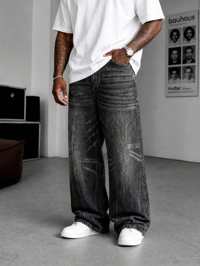 men's slim fit loose denim jeans cat whisker wash