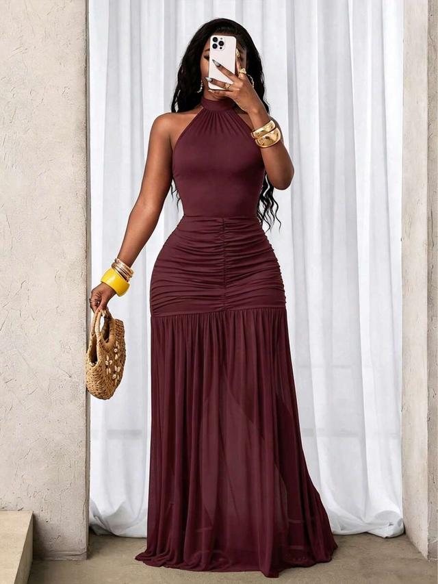 burgundy halter neck ruched maxi dress