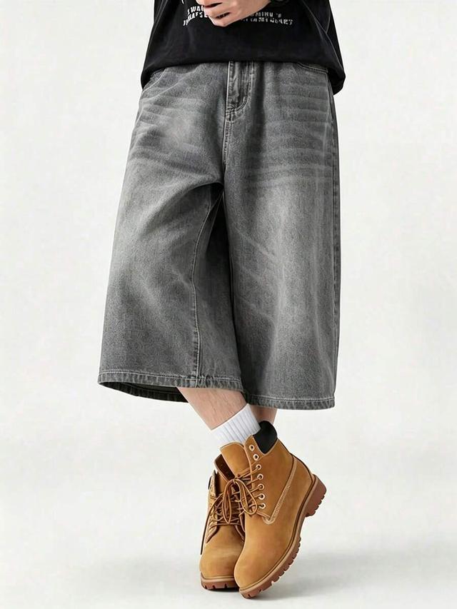 men's vintage grey loose fit denim bermuda shorts