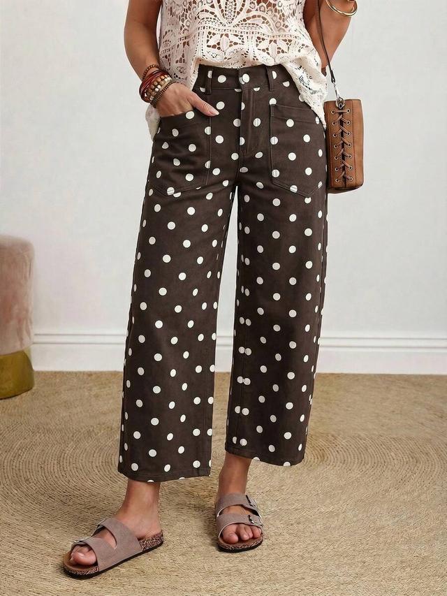 brown polka dot wide leg casual jeans