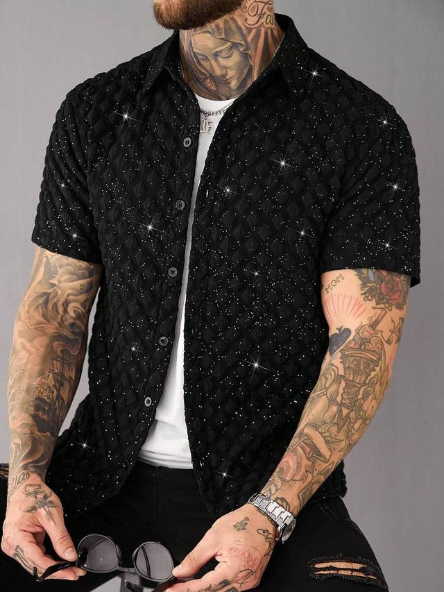 textured black short sleeve button down shirt