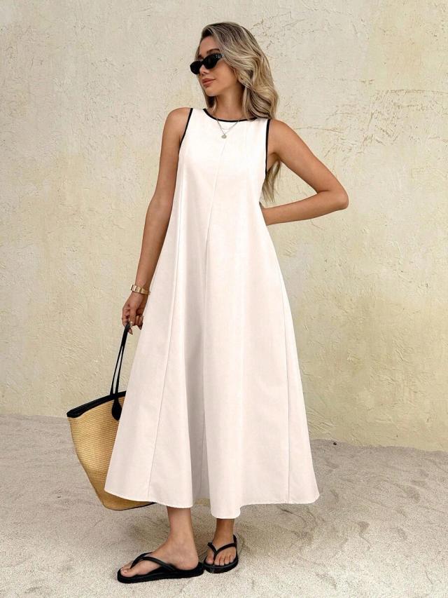 sleeveless white casual midi dress with black trim