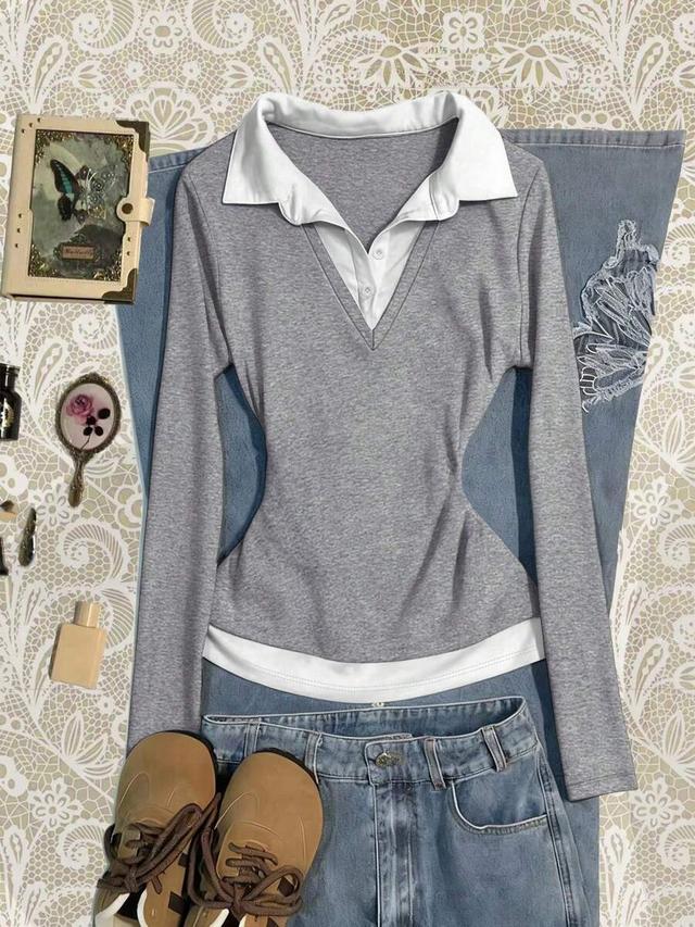 grey contrast collar long sleeve casual blouse